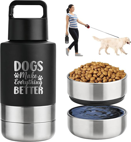 KEWIXY Insulated Dog Travel Water Bottle With Detachable Bowls, Ideal Gifts for Dog Lovers, Portable Water Bottle Dispenser, For Walking, Hiking, Camping, Outdoor (Black:Dogs Better, 32 Oz)