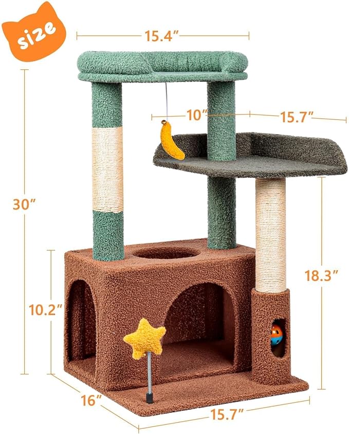 31" Cute Cat Tower for Indoor Kittens with Cat Condo, Plush Platform, Hammock, Sisal Scratching Posts, Dangling Ball, Tall Cat Tree Tower with Self-Grooming Brush (Olive Green)