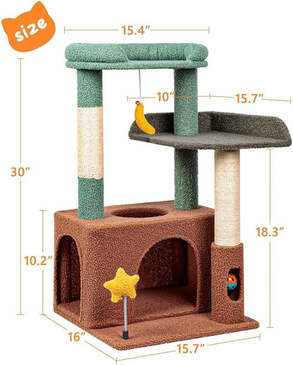 31" Cute Cat Tower for Indoor Kittens with Cat Condo, Plush Platform, Hammock, Sisal Scratching Posts, Dangling Ball, Tall Cat Tree Tower with Self-Grooming Brush (Olive Green)