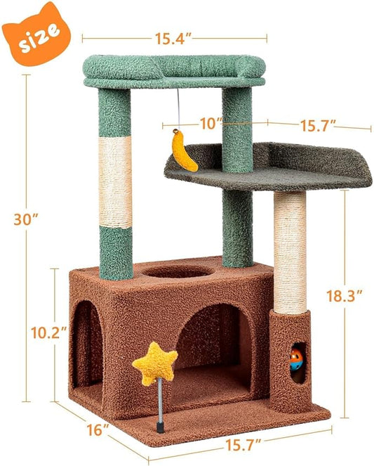 31" Cute Cat Tower for Indoor Kittens with Cat Condo, Plush Platform, Hammock, Sisal Scratching Posts, Dangling Ball, Tall Cat Tree Tower with Self-Grooming Brush (Olive Green)
