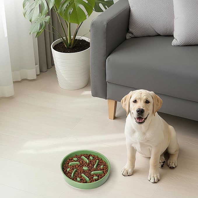 Ceramic Slow Feeder Dog Bowl, 8.3 inch Dog Food Bowls for Small, Medium, and Large Breed, Anti-Slip Puzzle Food Dish to Slow Down Eating (Green, 8.3 in)