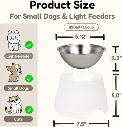 Elevated Spaniel Dog Bowl, Melamine Raised Dog Food Bowl for Long-Eared Dogs, Raised Dog Bowls for Small & Medium Dogs, Stainless Steel Inner Bowl, Non-Slip Base (White, M (420 ML / 1.5 Cups))