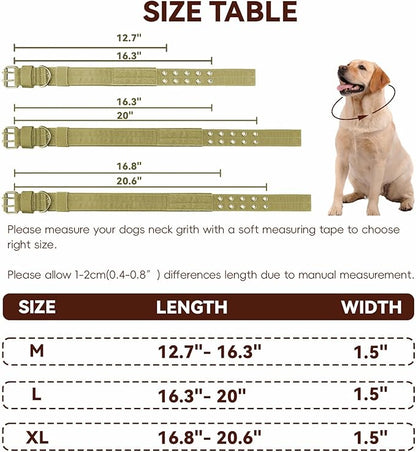 Heavy Duty Dog Collar for Large Dogs, Tactical Dog Collars with Metal Buckle & D Ring, 1.5" Width Thick Adjustable Nylon Collar for Medium Dogs, Khaki/L