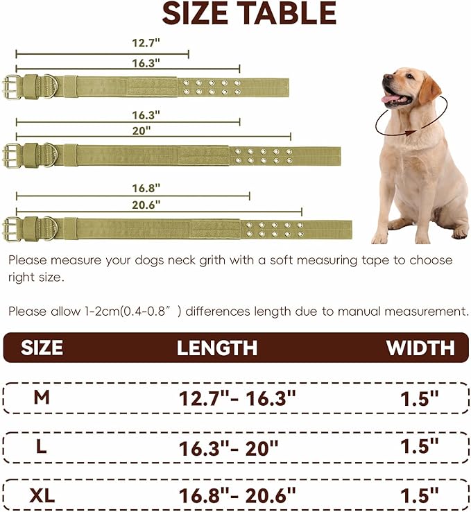 Heavy Duty Dog Collar for Large Dogs, Tactical Dog Collars with Metal Buckle & D Ring, 1.5" Width Thick Adjustable Nylon Collar for Medium Dogs, Khaki/M