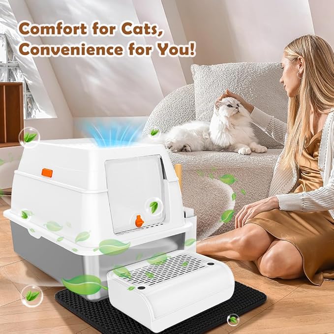 Vivifying Stainless Steel Litter Box with Lid, XL Front Entry Enclosed Extra Large Litter Box for Big Cats & Kitty, Top Exit Metal Cat Pan with Scoop, Mat, Footboard, Charcoal Filter (White)
