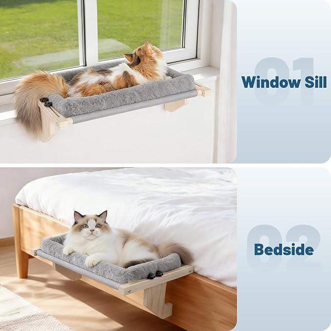 Cat Sill Window Perch - 100% Natural Pine Frame, Soft Rabbit Fur Cushion, Tool-Free Adjustment, Supports 50 lbs (Large-Grey)