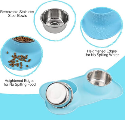 Dog Bowls 2 Stainless Steel Bowl for Pet Water and Food Feeder with Non Spill Skid Resistant Silicone Mat for Pets Puppy Small Medium Cats Dogs