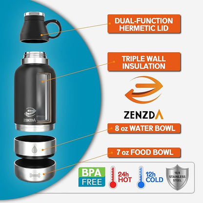 3-in-1 Dog Water Bottle – Insulated Stainless Steel Travel Bottle with Food Bowl, Leakproof, Carrying Bag & Brush