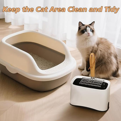Metal Cat Litter Scoop with Holder, Poop Scooper with Stand&2 Rolls of Garbage Bag, Heavy Duty Stainless Steel Shovel with Wooden, Kitty Quick Sifter for Easy
