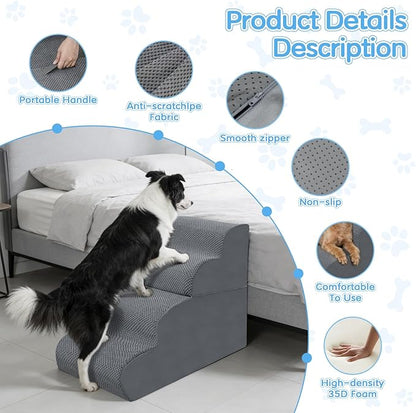Dog Stairs for Small Dogs, 2-Steps Dog Ramp for Couch, Pet Stairs with Highly Supportive Foam and Non-Slip Bottom, Pet Steps for Cat & Doggie (High 11.8Inch)