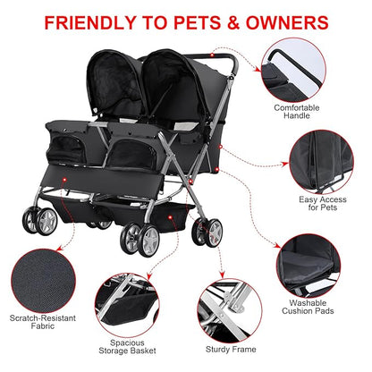 Double Pet Stroller for 2 Small Dogs & Cats, Side-by-Side Twin Travel Carriage with Safety Leashes, Mesh Windows & Double Storage Baskets, Lightweight & Foldable, 44lbs Capacity, Black