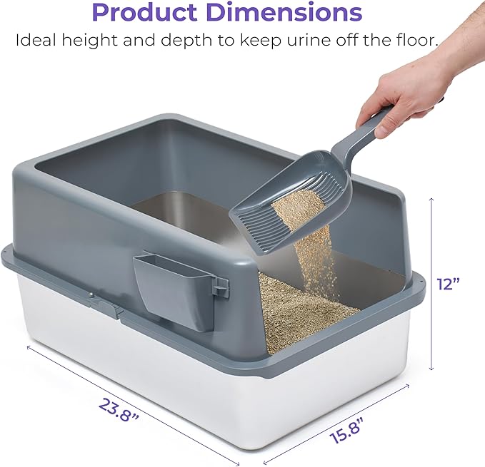 iPrimio Premium XL Stainless Cat Litter Box with Enclosure, 1 Scooper and Elevated Litter Mat - Durable, Easy to Clean and High Sides Cat Box with Step Scoop - Scratch and Bite Proof - Dark Grey