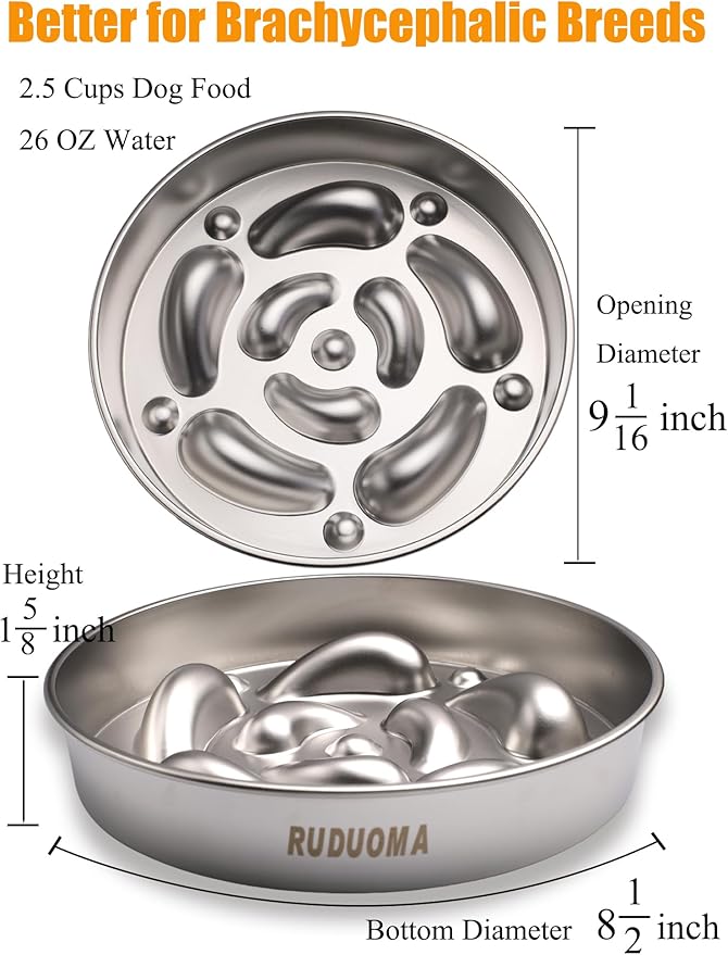 Stainless Steel Dog Bowls for Brachycephalic Breeds,Gentle Slow Feeding Design,Moderately Slow Down Eating Pace,Non-Slip,2.5 Cups Capacity Metal Bowl for Medium Dogs