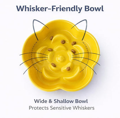 Ceramic Elevated Slow Feeder Cat Bowl, Raised and Gently Tilted Feeding Dish with Maze Design, Whisker-Friendly, Easy to Clean, for Indoor Cats and Small Dogs (Beige/Yellow)