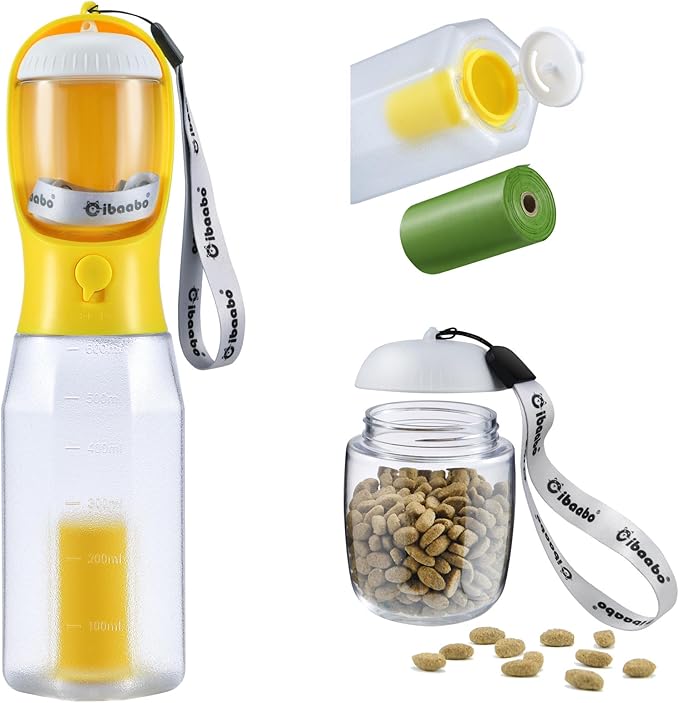 Cibaabo Dog Water Bottle with Food Container & Poop Bag Holder, Travel Water Bowl, Portable Pet Dispenser, Dog Gifts Stuff Accessories Items, Puppy Essentials for Yorkie Chihuahua Walking Hiking