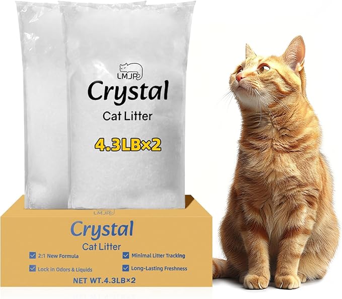 Crystal Cat Litter with Powerful Odor Control, Non-Clumping, Lasts Up to 2 Months, 8.6lb, Rapid Water Absorption, Unscented & Low Tracking Lightweight White Silica, 2 Pack of 4.3lb