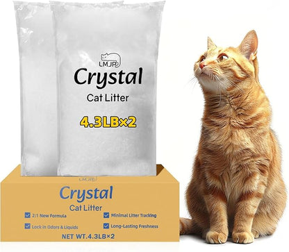 Crystal Cat Litter with Powerful Odor Control, Non-Clumping, Lasts Up to 2 Months, 8.6lb, Rapid Water Absorption, Unscented & Low Tracking Lightweight White Silica, 2 Pack of 4.3lb