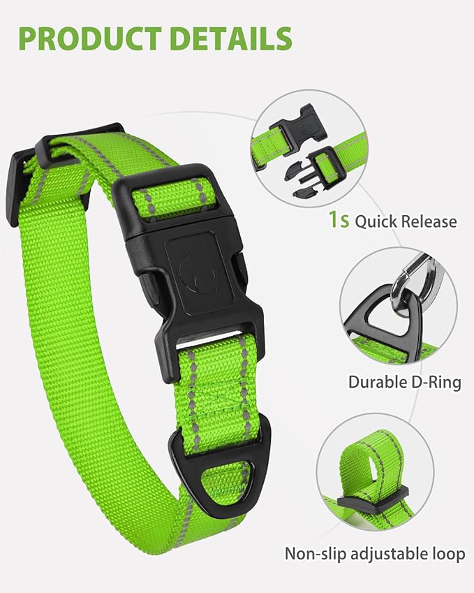Joytale Dog Collar for Large Dogs, Strong Double-Sided Reflective Nylon Collar for Night Safety, Adjustable Quick-Release for Daily Walking, Green, L (1" Width)