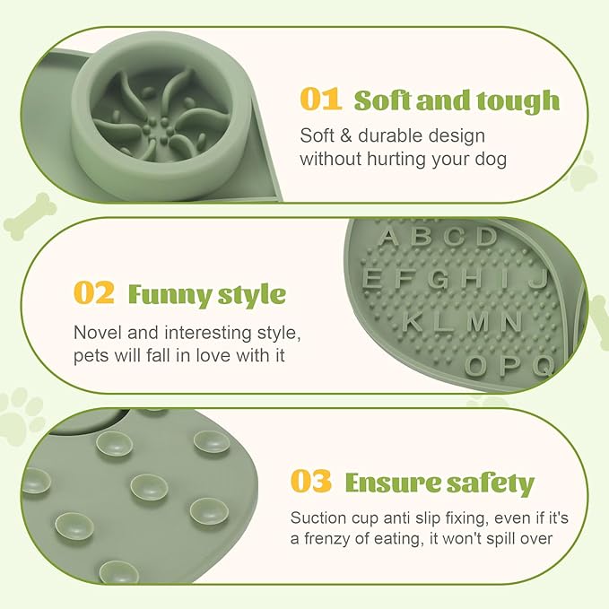 Silicone Slow Feeder Dog Bowls & Cat Bowls, 2 Cups Small Pet Food Bowl with Non-Slip Suction Base, Food-Grade Safe Puzzle Feeder for Small & Medium Dogs & Indoor Cats (Bowl & Lick Mat (Green))