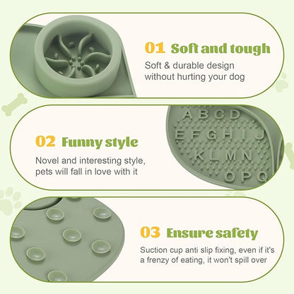 Silicone Slow Feeder Dog Bowls & Cat Bowls, 2 Cups Small Pet Food Bowl with Non-Slip Suction Base, Food-Grade Safe Puzzle Feeder for Small & Medium Dogs & Indoor Cats (Bowl & Lick Mat (Green))