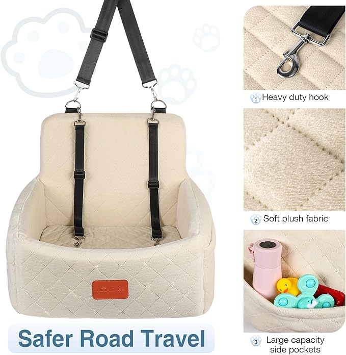 WOOAIDAGG Dog Car Seat for Under 30lbs Dogs,Comfy Febric Fill in Memory Foam,Washable and Detachable Pet Travel Car Bed,Anti-Slip Bottom,2 Safety Leashes & Storage Pockets(Beige)