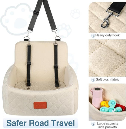 WOOAIDAGG Dog Car Seat for Under 30lbs Dogs,Comfy Febric Fill in Memory Foam,Washable and Detachable Pet Travel Car Bed,Anti-Slip Bottom,2 Safety Leashes & Storage Pockets(Beige)