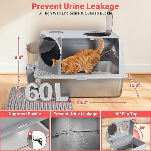 Enclosed Stainless Steel Cat Litter Box with Lid, XL Large Metal Litter Box Stainless Steel, Odor-Free/Anti-Leakage & Non-Stick/Easy Clean, High Sided Litter Box with Mat & Scoop for Big Cats