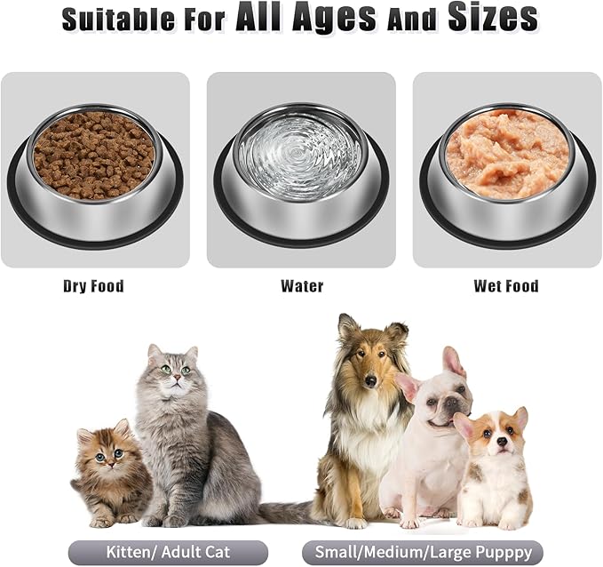 3Pcs Stainless Steel Dog Bowls Set - Non-Slip Food and Water Bowl 13 Oz - Dishwasher-Safe, Rust Resistant Metal Pet Bowls for Small/Medium/Large Sized Pets