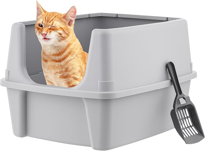 IRIS USA Large Open Top Cat Litter Box with High Sided Walls Tall Scatter Shield Scoop Included Easy Clean Plastic Pan Stain Resistant for Big Cats Kittens Indoor Multi-Cat Households