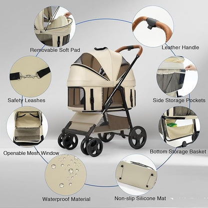 4 Wheels Pet Stroller for Small/Medium Dogs and Cats,Dog Stroller with Detachable Carrier and Storage Basket,One Click Folding, Compact Portable,Up to 50lbs,3 in1 Multifunctional(Khaki)