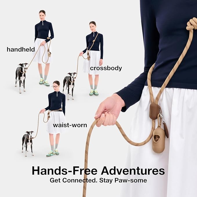 VETRESKA Hands-Free Dog Leash, 8FT Adjustable Rope Leash for Medium Large Dogs, Waist/Crossbody Slip Lead Leashes for Walking, No Pull Dog Leashes with Bag Dispenser, Clip, 3 in 1 Walk Kit (Coffee)