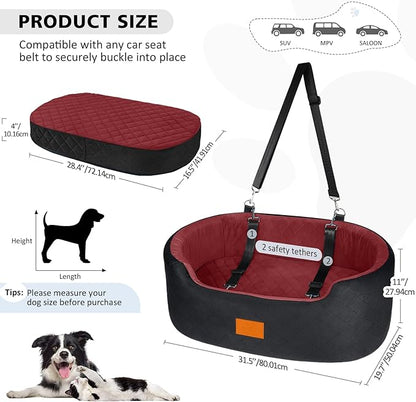 Dog Car Seat for Medium Dogs Up to 50 lbs, Pet Booster Seat for Cars SUVs and Trucks, Washable and Detachable Dog Car Bed with Safety Strap, Thick Cushion, Non-Slip Base (Black/Red)