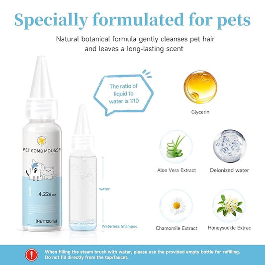 Pet Steam Brush Spray Refill for Dogs & Cats – Concentrated Waterless Shampoo, 3-in-1 Grooming Spray Comb Mist, 2*Shampoo(Steam Brush not Included)