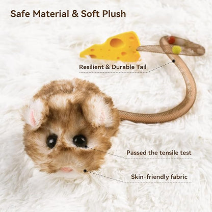 Migipaws Interactive MigiMouse Cat Toy 360° Rolling & Spin with Mesh Plastic Tail for Indoor Cats Smart Motion Sensor, Realistic Squeak, Rechargeable Plush Kitten Toy(Brown Long)