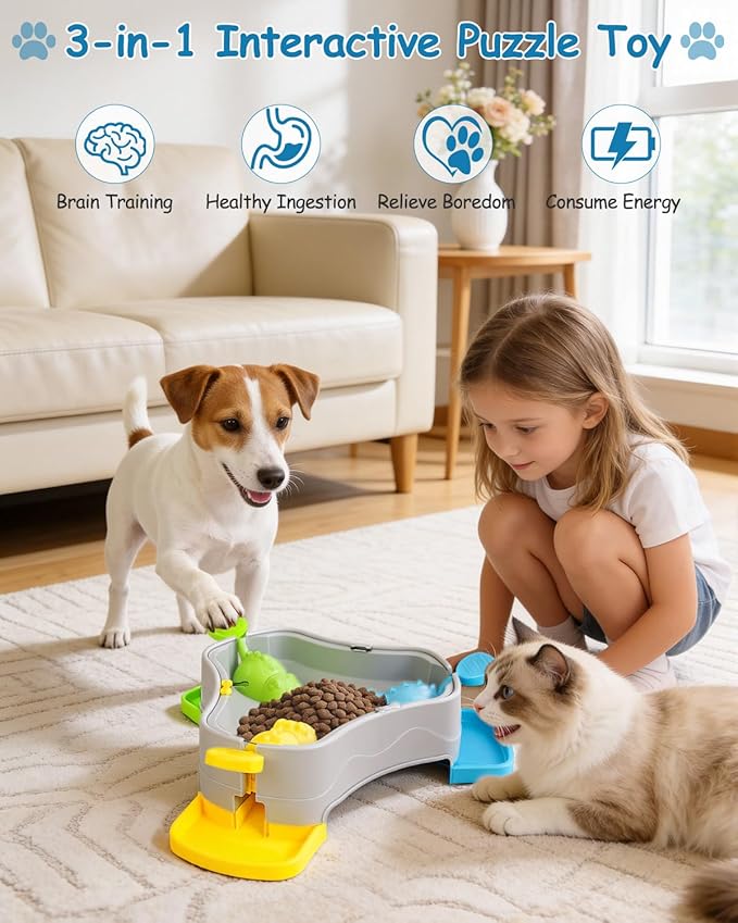Dog Puzzle Toy, 3-in-1 Interactive Dog Puzzle Toys Press-Type Dog Treat Dispenser Toy Dog Enrichment Toy No-Slip Slow Feeder Interactive Brain Training Toys for Smart Dog Cats, 3 Colors