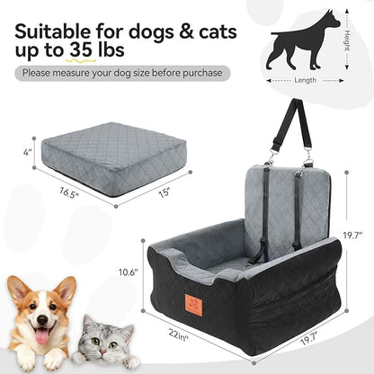 NEEZUKAR Dog Car Seats for Small/Medium Dogs, Elevated Memory Foam Dog Booster Seat, Detachable Washable Pet Car Seat with Safety Belts & Storage Pockets (Black-Gray)