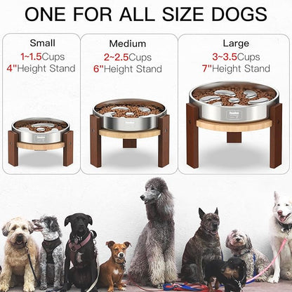 Elevated Dog Bowl Stand, 6'' Height Raised Stand for Medium&Small Dogs, Includes 2Cups Stainless Steel Slow Feeder Dog Bowl, Durable Solid Hardwood