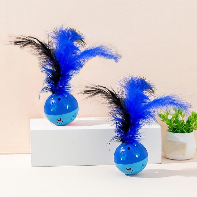 BeeSpring Cat Balls Interactive Cat Toy Feather Balls with Loud Bell Inside (2Pcs Blue)
