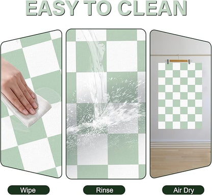 Checkered Dog Cat Feeding Mat, 17'' x 28'' Large Dog Food Mats, Absorbent Pet Feeding Mat for Food and Water Bowl, Dispenser, Checkerboard Pet Placemat with Rubber Backing, Green & White