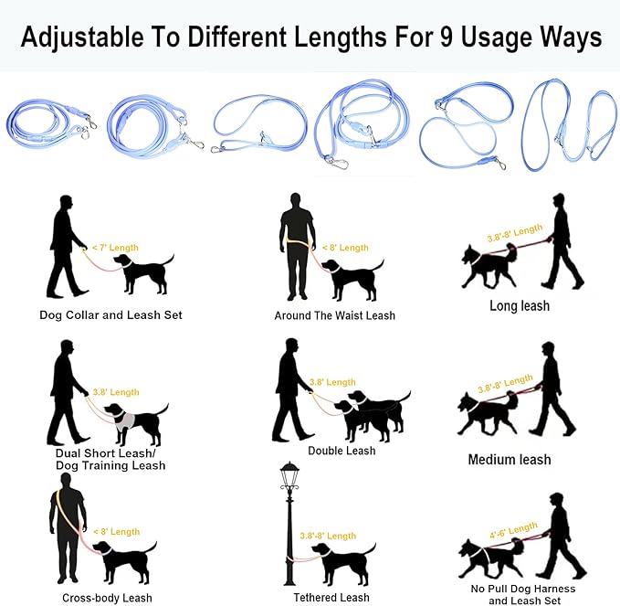 Hands Free Dog Leash Crossbody & Waist for Walking, 9-in-1 No Pull Dog Harness & Leash Set, Waterproof Training Slip Lead for Small Medium Breeds (8-20lbs, Blue)