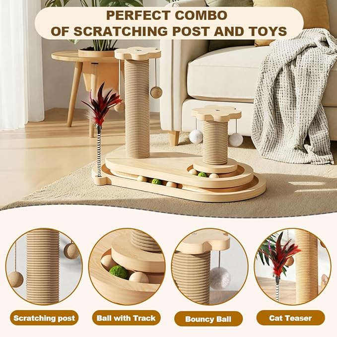 Cat Scratching Post, Sisal Cat Scratcher Post - 4-in-1 Cat Solid Wood Activity Center | Indoor Interactive Cat Toy with Trackball (Rolling), Feather Teaser, Hanging Balls & Natural Catnip Ball