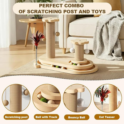 Cat Scratching Post, Sisal Cat Scratcher Post - 4-in-1 Cat Solid Wood Activity Center | Indoor Interactive Cat Toy with Trackball (Rolling), Feather Teaser, Hanging Balls & Natural Catnip Ball