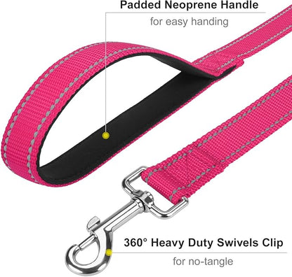 Reflective Dog Leash 6ft Soft Padded Handle Nylon Lead for Small & Medium Dogs, Durable Walking Training Leash for Night Safety (Hotpink,3/4Inch Wide)