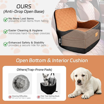 Dog Car Seat for Small/Medium Dogs Under 35lbs, Detachable & Washable Elevated Pet Travel Bed, 2 Storage Pockets & Safety Belt, Anti-Slip Base, Dog Booster Car Seat with Seamless Bottom Design