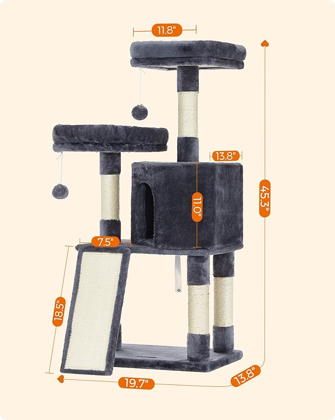 Feandrea Cat Tree, 45.3-Inch Cat Tower, Plush Condo with Scratching Post, Ramp, Perch, Spacious Cave, for Small Space, Smoky Gray UPCT141G01
