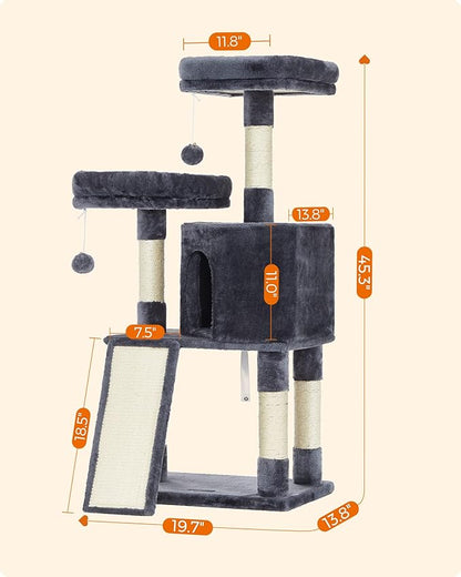 Feandrea Cat Tree, 45.3-Inch Cat Tower, Plush Condo with Scratching Post, Ramp, Perch, Spacious Cave, for Small Space, Smoky Gray UPCT141G01
