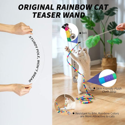 FYNIGO Interactive Cat Kitten Wand Toy Set,2 Retractable Fishing Pole+1 Rainbow Teaser Wand+9 Refills +2 Spare Hook,Funny Cat Feather Toys for Indoor Cats and Kittens to Chase Exercise(14 Pack)