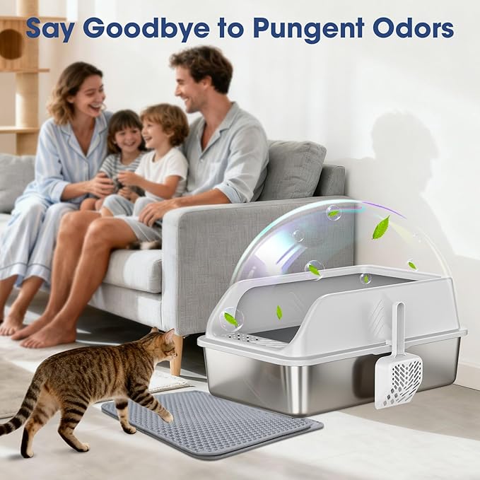 Stainless Steel Litter Box with Lid Enclosed XL High Sided Metal Litter Boxes for Big Cat and Multiple Cats, Anti-Urine Leakage | Non-Stick & Includes Cat Mat and Scoop
