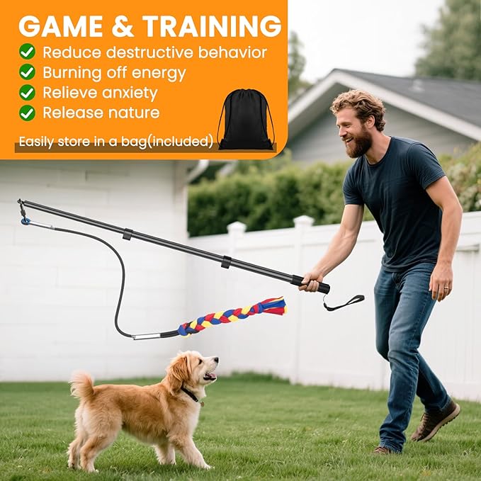 Ycozy Flirt Pole for Dogs Heavy Duty Interactive Toys Tug of War with Detachable 3 Replacement Rope Toys for Chase and Outdoor Exercise & Training for Small Medium Large Dogs (Pole - 40.6")