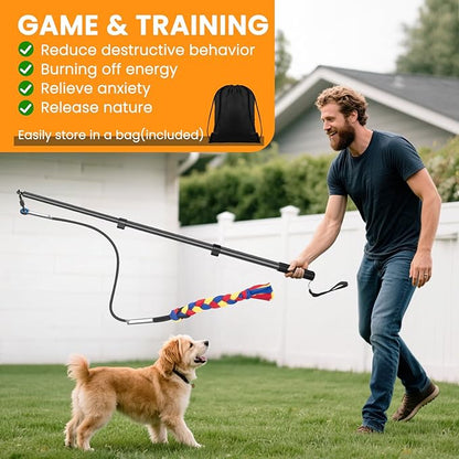 Ycozy Flirt Pole for Dogs Heavy Duty Interactive Toys Tug of War with Detachable 3 Replacement Rope Toys for Chase and Outdoor Exercise & Training for Small Medium Large Dogs (Pole - 40.6")